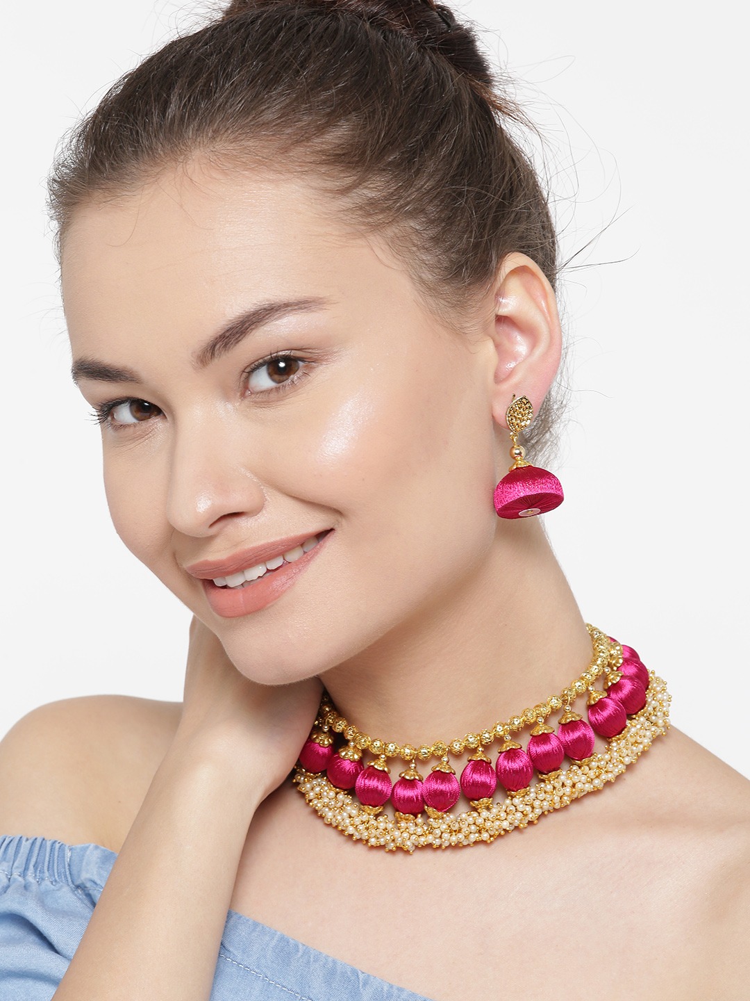 YouBella Pink  Gold-Toned Beaded Jewellery Set